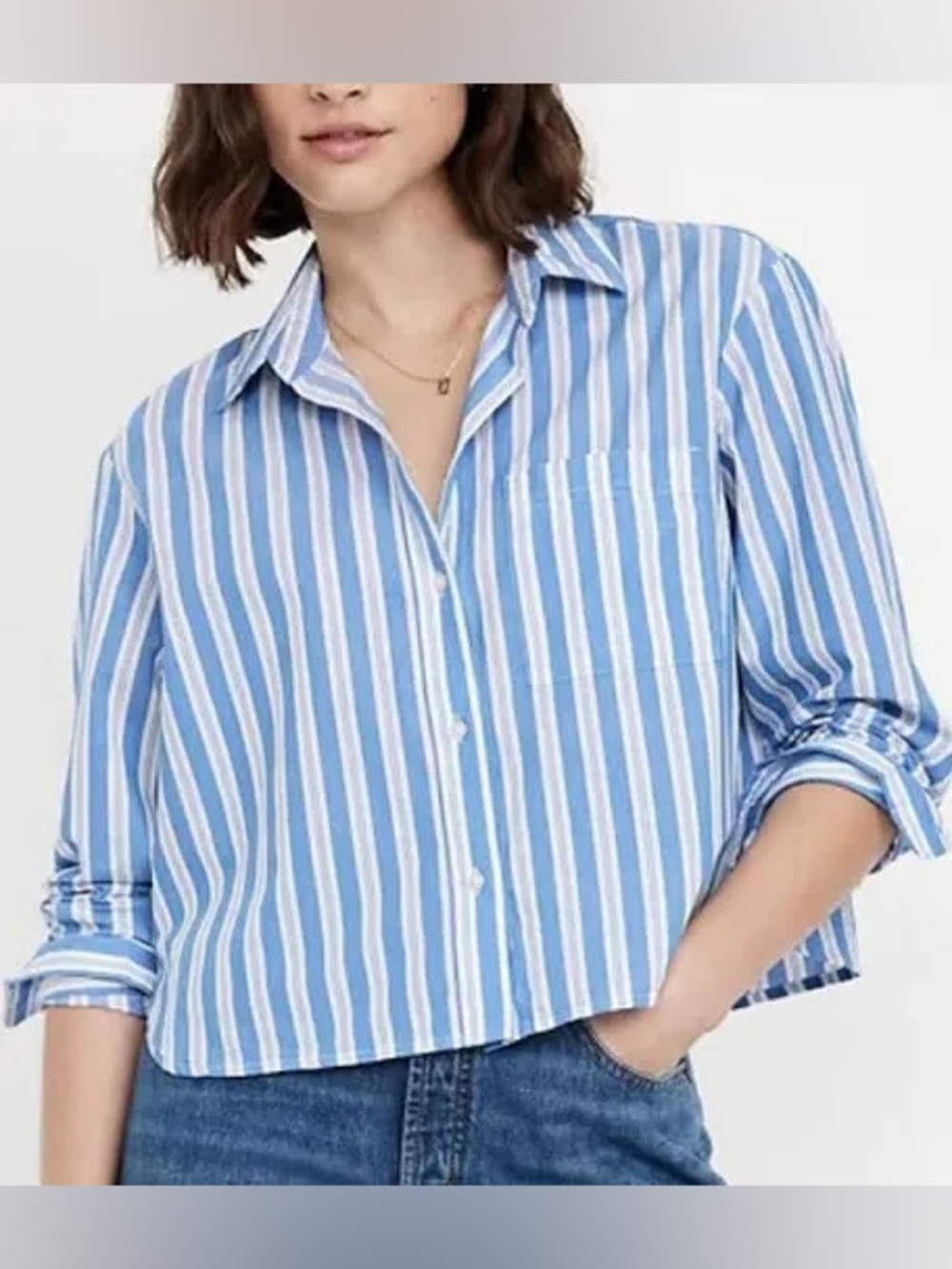 Old Navy Women’s Cropped Button Down Shirt Blue Stripes Size XL NWT